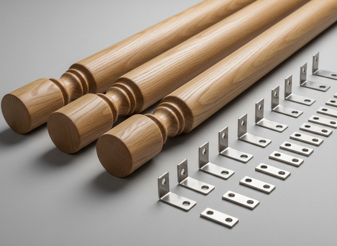 A close-up, photographic realism image of a solid oak stair handrail and turned balusters, perfectly sanded with a silky matte clear coat that reveals fine wood grain. The components are assembled on a clean, neutral gray studio surface, with stainless steel brackets and concealed fasteners neatly arranged beside them. Soft, diffused studio lighting from above and slightly to the left creates gentle highlights along the rounded edges and casts precise, professional shadows. Shot at eye level with a slight diagonal perspective, sharp focus throughout to emphasize craftsmanship and precision. The mood is clean, modern, and trustworthy, ideal for a professional factory brand specializing in custom wooden stair parts and fast quotations.