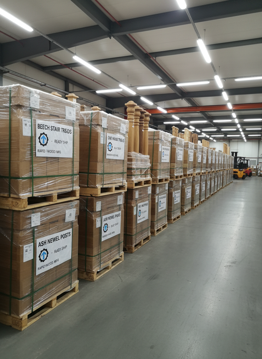 An expansive, wide-angle photographic view of a neatly organized warehouse section filled with stacked wooden stair treads, risers, handrails, and newel posts made from beech, oak, and ash. Each pallet is wrapped and labeled, emphasizing readiness for fast shipping and bulk orders. Overhead industrial LED lighting washes the scene in bright, neutral light, reducing harsh shadows and showcasing consistent color and finish. The camera is positioned at a slightly elevated angle, capturing long rows receding into the distance, creating depth and a sense of scale. The atmosphere is efficient, professional, and reliable, communicating a modern manufacturing facility focused on capacity, customization, and rapid response to customer inquiries.