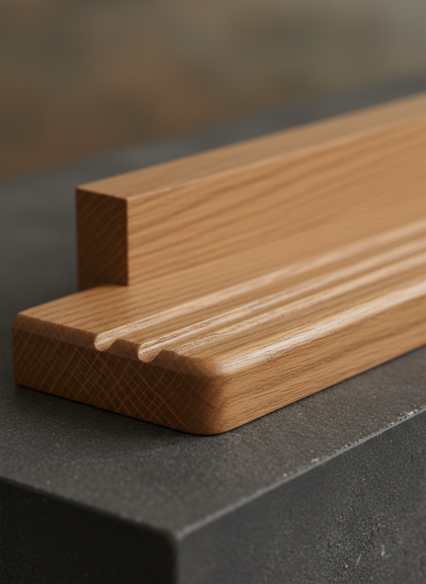 A photographic realism macro shot of a wooden stair tread edge profile sample, showing anti-slip grooves and a precisely milled bullnose, placed on a dark charcoal surface for contrast. The wood is warm-toned oak with tight grain and a flawless, semi-matte coating. A small section of matching riser is aligned behind it to show color consistency. Directional side lighting from the left creates subtle highlights along the grooves and accentuates the refined machining quality. The background softly falls into blur, creating a shallow depth of field that draws attention to the craftsmanship. The mood is technical yet elegant, emphasizing durability, safety, and fine finishing suitable for high-end residential and commercial stair projects.