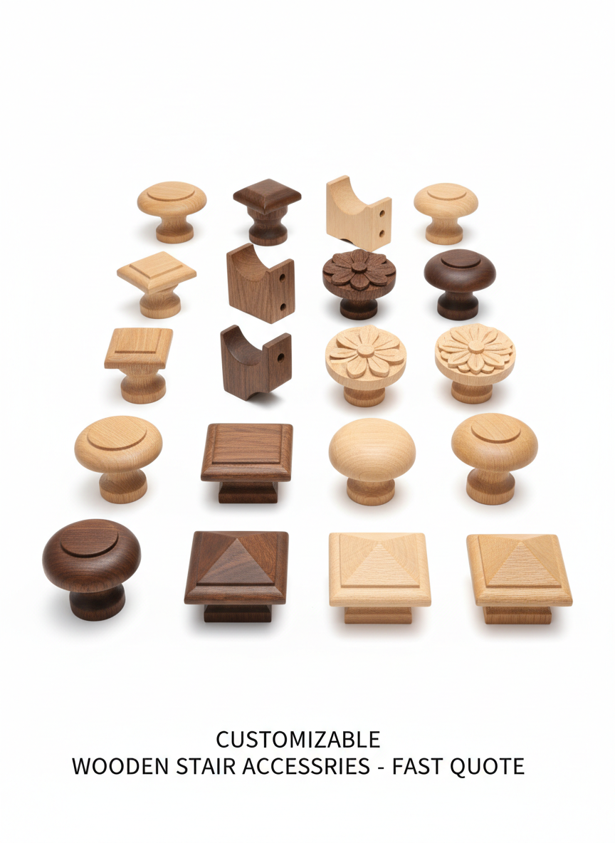 A clean, photographic product lineup of different wooden stair accessories arranged in an orderly row on a seamless white background: handrail end caps, wall brackets, decorative wooden rosettes, and newel post caps in various profiles. Each piece is made from matching light oak, walnut, and maple, meticulously sanded and finished, with clear differences in shape and style. Soft, even studio lighting eliminates harsh shadows and ensures accurate color representation. Captured from a slightly elevated angle with sharp focus and generous spacing between items, the composition feels catalog-like, modern, and professional, ideal for an online parts factory showcasing the breadth of its customizable wooden stair accessory options and fast-quote capability.