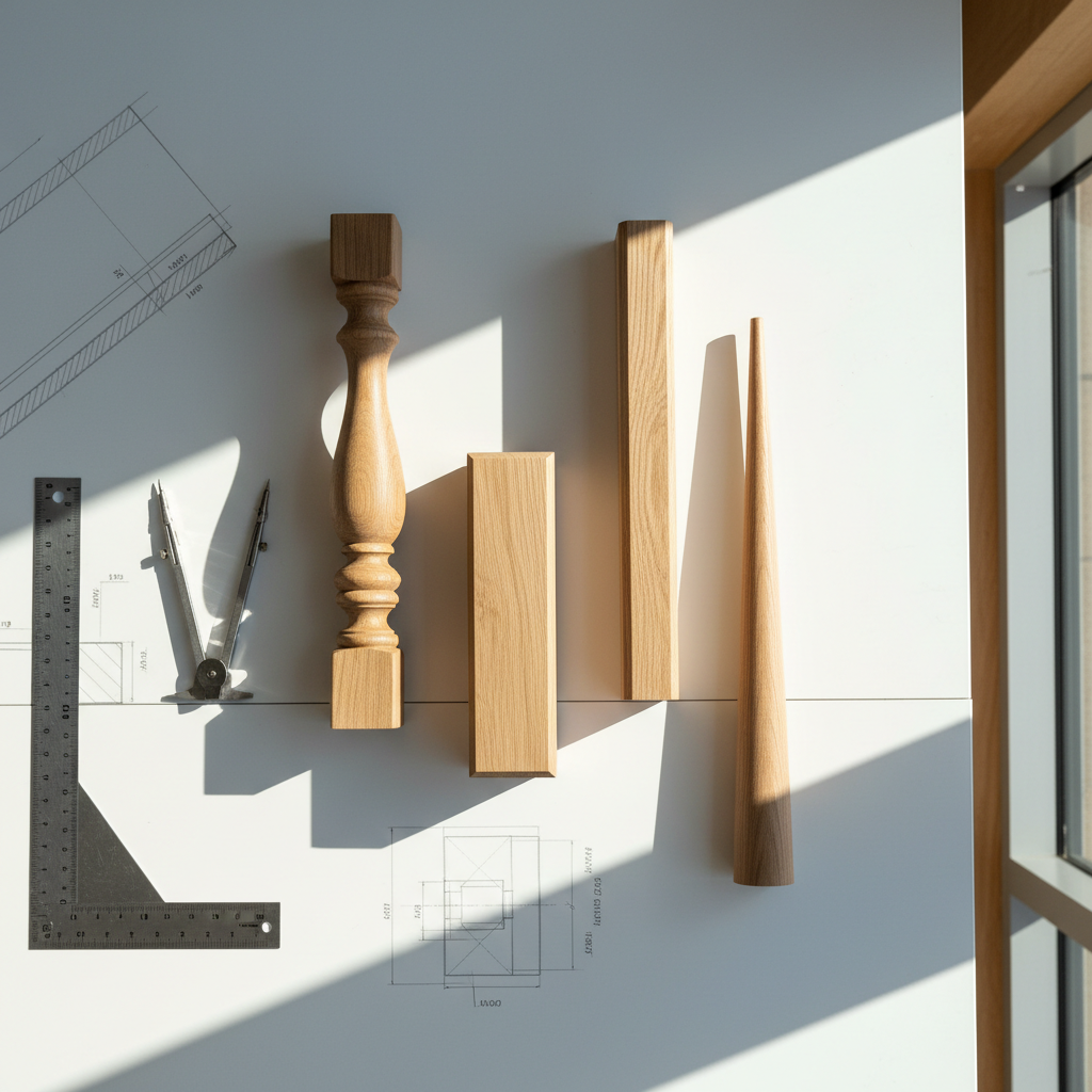A detailed photographic realism close-up of various custom wooden stair balusters laid out on a smooth white drafting table, each with different profiles: classic turned, square modern, and minimalist tapered designs. Fine pencil sketches and precise measurement tools surround the parts, suggesting design customization and engineering. Natural daylight from a large unseen window to the right creates soft, directional light, highlighting the edges and casting delicate, accurate shadows. Shot from a top-down, bird’s-eye perspective with sharp focus, the composition is clean and balanced, with negative space that feels modern and professional. The mood is precise, technical, and creative, showcasing the factory’s ability to produce tailor-made stair accessories from concept to finished product.
