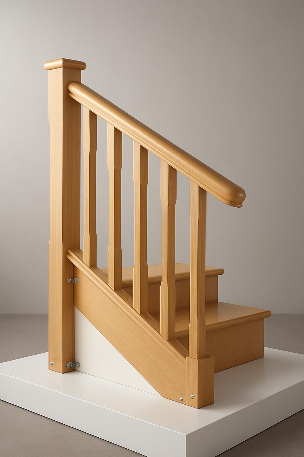 A realistic, high-resolution image of a finished wooden staircase corner section assembled on a clean showroom-style platform, featuring a smooth beech handrail, square newel post, and matching balusters, all with a satin clear finish. Discreet metal connectors and brackets are visible, demonstrating connection details and quality. The background is a minimalist light gray wall with subtle texture, keeping focus on the staircase parts. Soft studio lighting from two sides creates even illumination and gentle reflections on the wood surface, with a calm, professional atmosphere. Captured at a slightly low angle to emphasize stability and structure, with moderate depth of field so every detail of the assembly is crisp and informative, ideal for a product-focused business site.